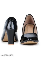 Stylish black leather heeled pumps for partywear (1 pair), featuring buckle detail and various heel types - India origin